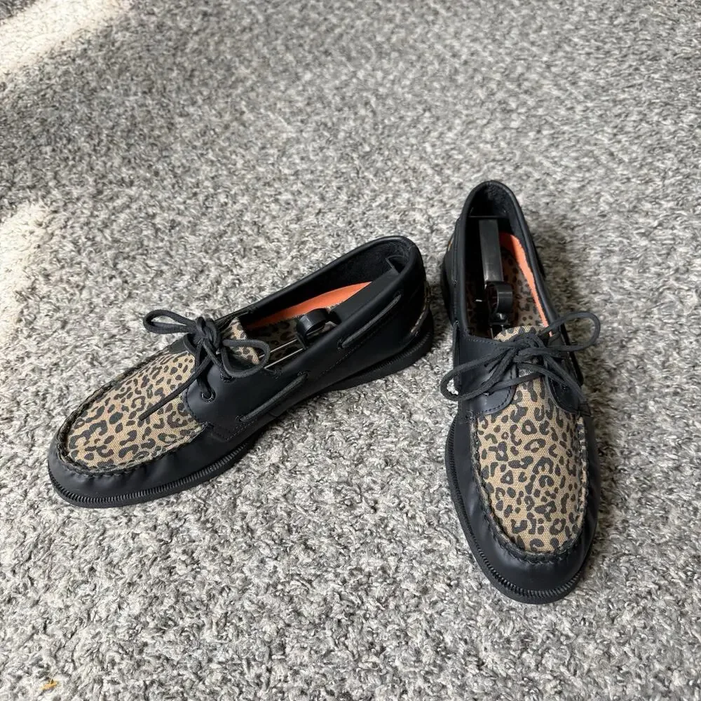 Sperry Original 2-Eye Boat Shoe Mens 11.5 Black Leather Leopard Print Preppy
